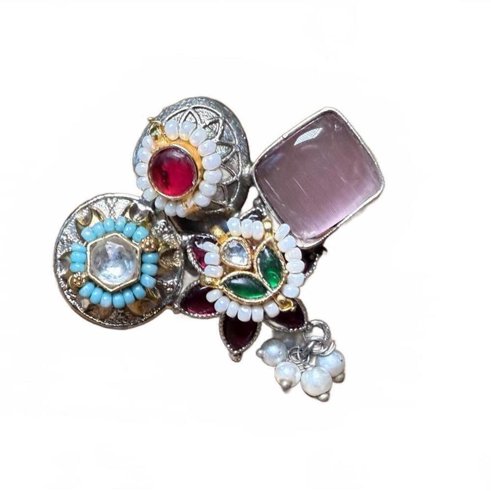 Vintage Multi-Stone and Beaded Adjustable Cocktail Ring